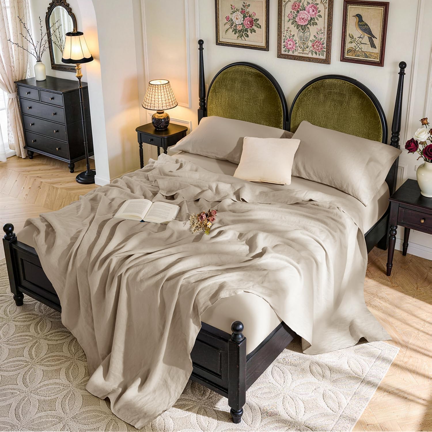 SONORO KATE 100% French Linen King Size Sheets Set Natural Flax